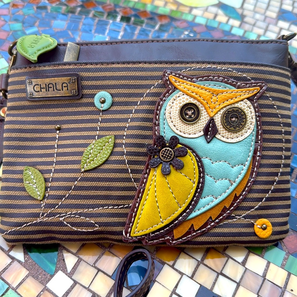 Chala Convertible Owl Crossbody/Olive Stripes, Whimsical,Vegan-Friendly